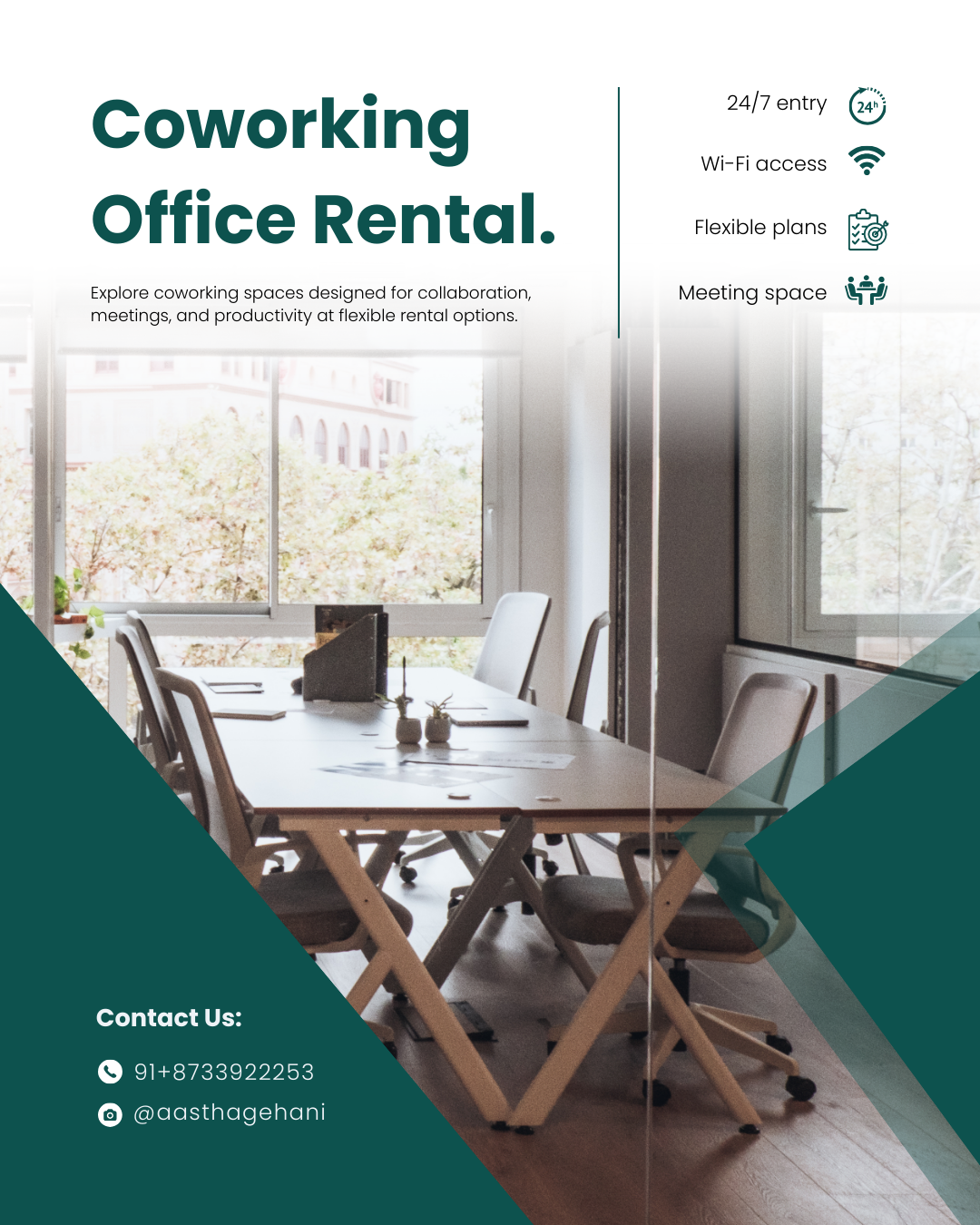 Green and White Modern Coworking Office Space Rental Instagram Post